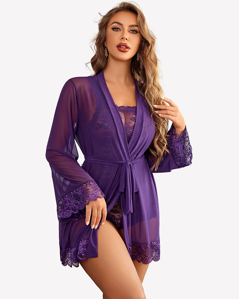 3 Piece Lingerie Set Floral Lace Cami with Robe