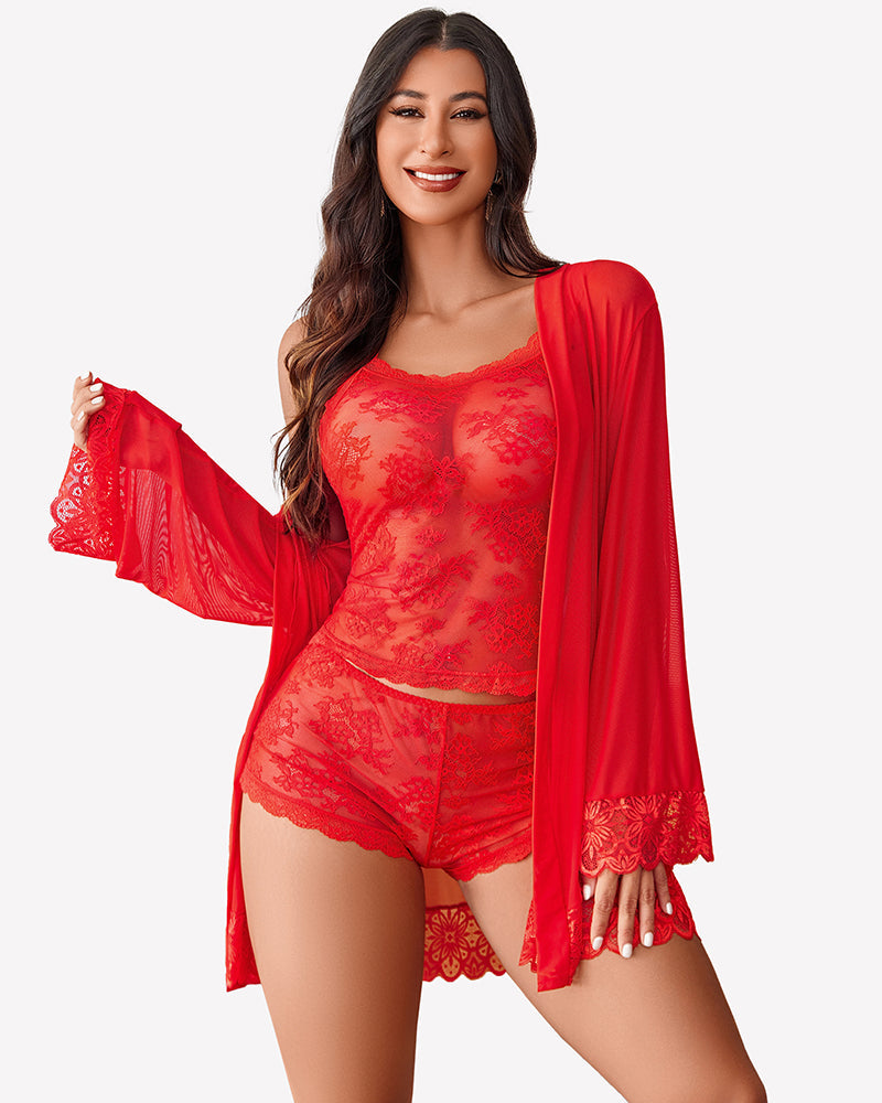 3 Piece Lingerie Set Floral Lace Cami with Robe