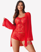 3 Piece Lingerie Set Floral Lace Cami with Robe