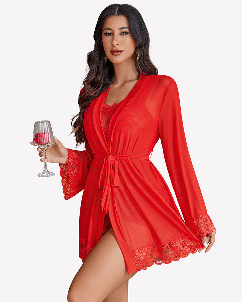 3 Piece Lingerie Set Floral Lace Cami with Robe