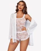 3 Piece Lingerie Set Floral Lace Cami with Robe