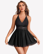 V Neck Halter Backless Mesh Babydoll