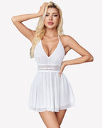 V Neck Halter Backless Mesh Babydoll
