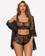 Bow Pajama Set Sheer Floral Lace Bra and Panty