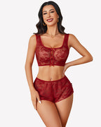 Bow Pajama Set Sheer Floral Lace Bra and Panty