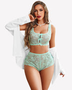 Bow Pajama Set Sheer Floral Lace Bra and Panty