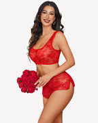 Bow Pajama Set Sheer Floral Lace Bra and Panty