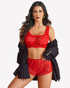 Bow Pajama Set Sheer Floral Lace Bra and Panty