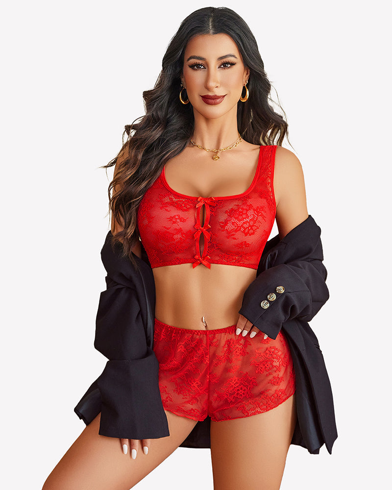 Bow Pajama Set Sheer Floral Lace Bra and Panty