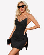 V Neck Backless Mini Dress High Slit Night Out Dresses
