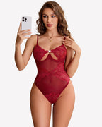 Deep V Lace Teddy Bodysuit Sheer One Piece