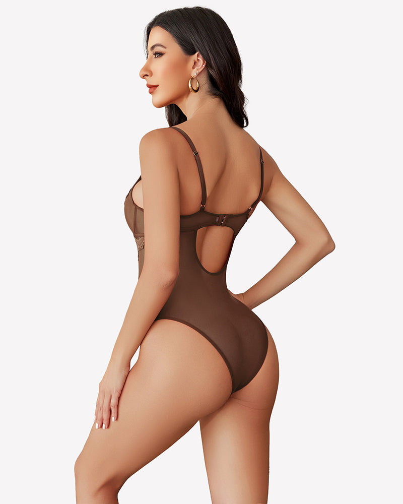 Sheer Lace Bodysuit V Neck Teddy