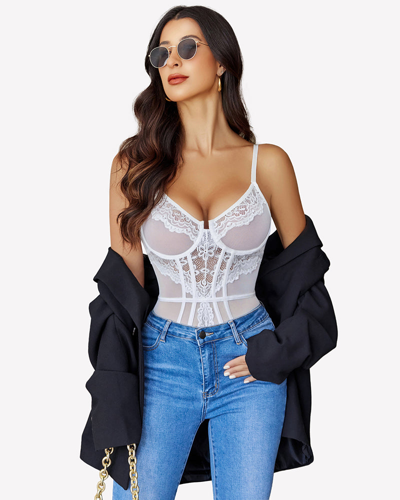 Sheer Lace Bodysuit V Neck Teddy