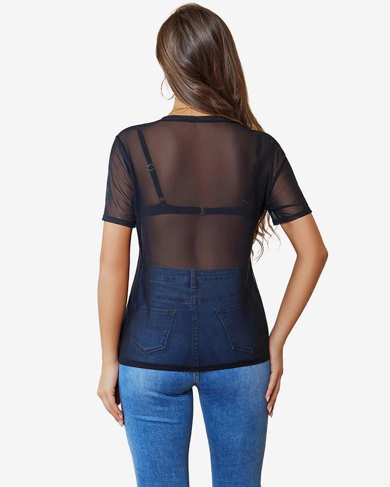 Mesh Sheer Tops Sexy Crew Neck Loose Fit Blouse