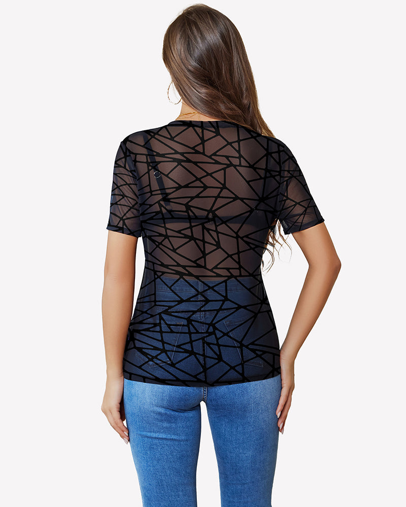 Mesh Sheer Tops Sexy Crew Neck Loose Fit Blouse