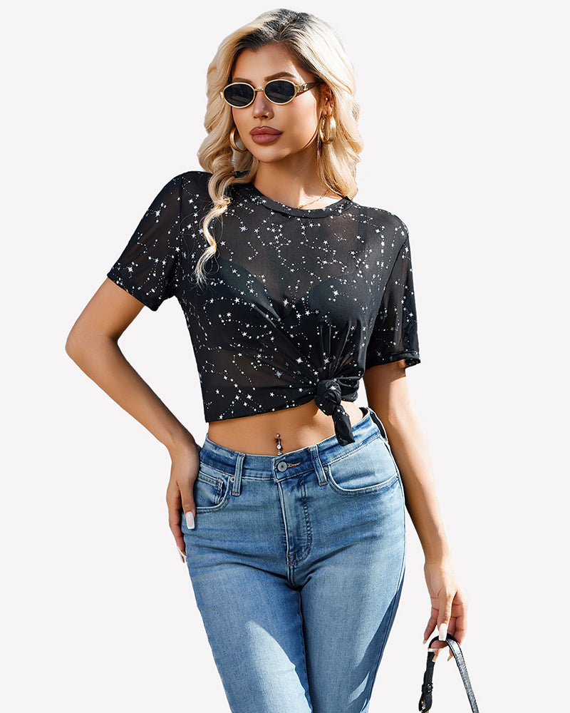 Mesh Sheer Tops Sexy Crew Neck Loose Fit Blouse