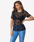 Mesh Sheer Tops Sexy Crew Neck Loose Fit Blouse