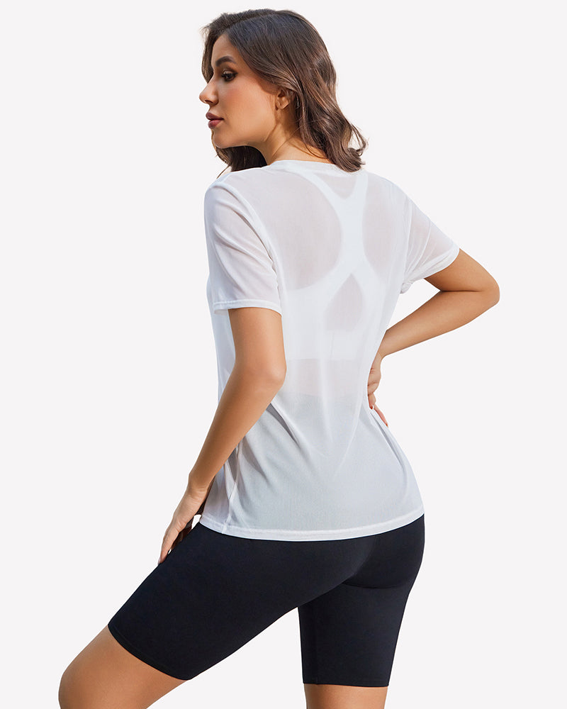 Mesh Sheer Tops Sexy Crew Neck Loose Fit Blouse