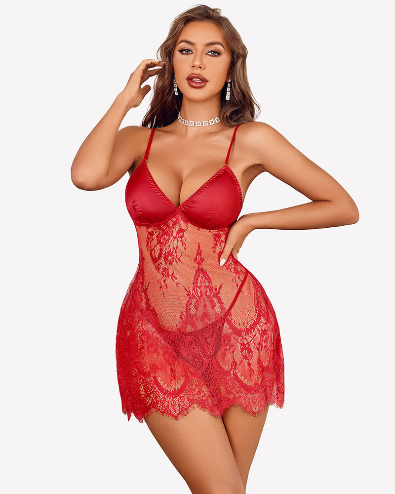 Babydoll Satin Bust Lace Dress with Thong