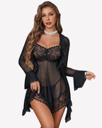 Mesh Robe Sets Kimono Ruffle Nighty With Thong