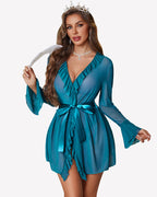 Mesh Robe Sets Kimono Ruffle Nighty With Thong