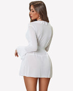 Mesh Robe Sets Kimono Ruffle Nighty With Thong