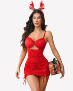 Sheer Mesh Chain Halter Ruched Dress with Thong