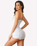 Sheer Mesh Chain Halter Ruched Dress with Thong