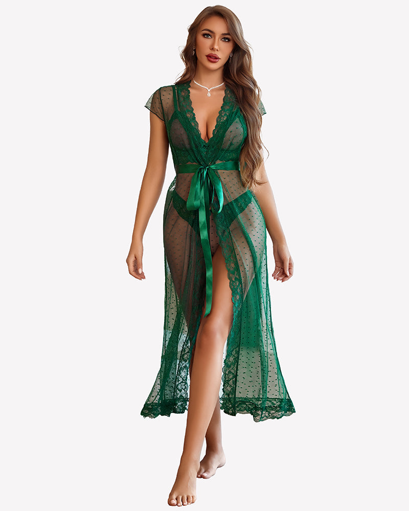 3 Piece Set Sheer Polka Dot Lace Robe with Bra and Panty