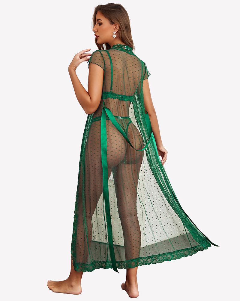 3 Piece Set Sheer Polka Dot Lace Robe with Bra and Panty