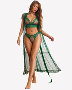 3 Piece Set Sheer Polka Dot Lace Robe with Bra and Panty