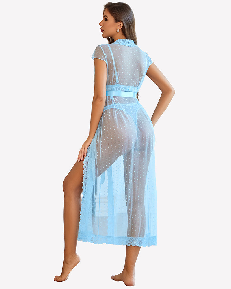 3 Piece Set Sheer Polka Dot Lace Robe with Bra and Panty