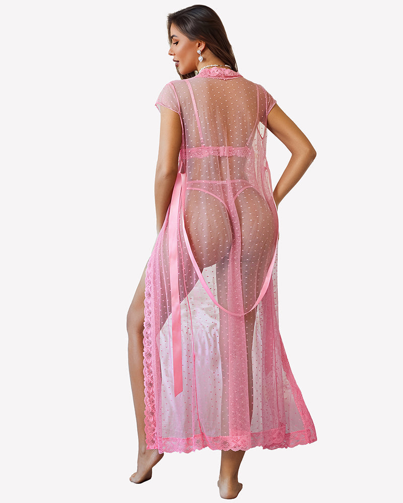3 Piece Set Sheer Polka Dot Lace Robe with Bra and Panty