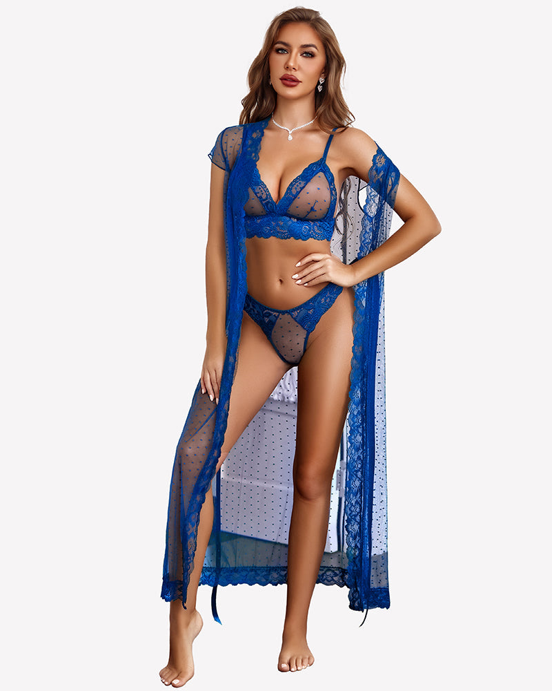 3 Piece Set Sheer Polka Dot Lace Robe with Bra and Panty