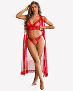 3 Piece Set Sheer Polka Dot Lace Robe with Bra and Panty