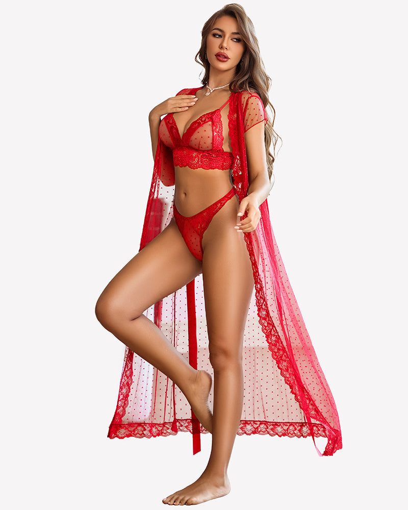 3 Piece Set Sheer Polka Dot Lace Robe with Bra and Panty
