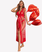 3 Piece Set Sheer Polka Dot Lace Robe with Bra and Panty