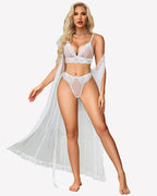 3 Piece Set Sheer Polka Dot Lace Robe with Bra and Panty