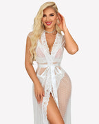 3 Piece Set Sheer Polka Dot Lace Robe with Bra and Panty