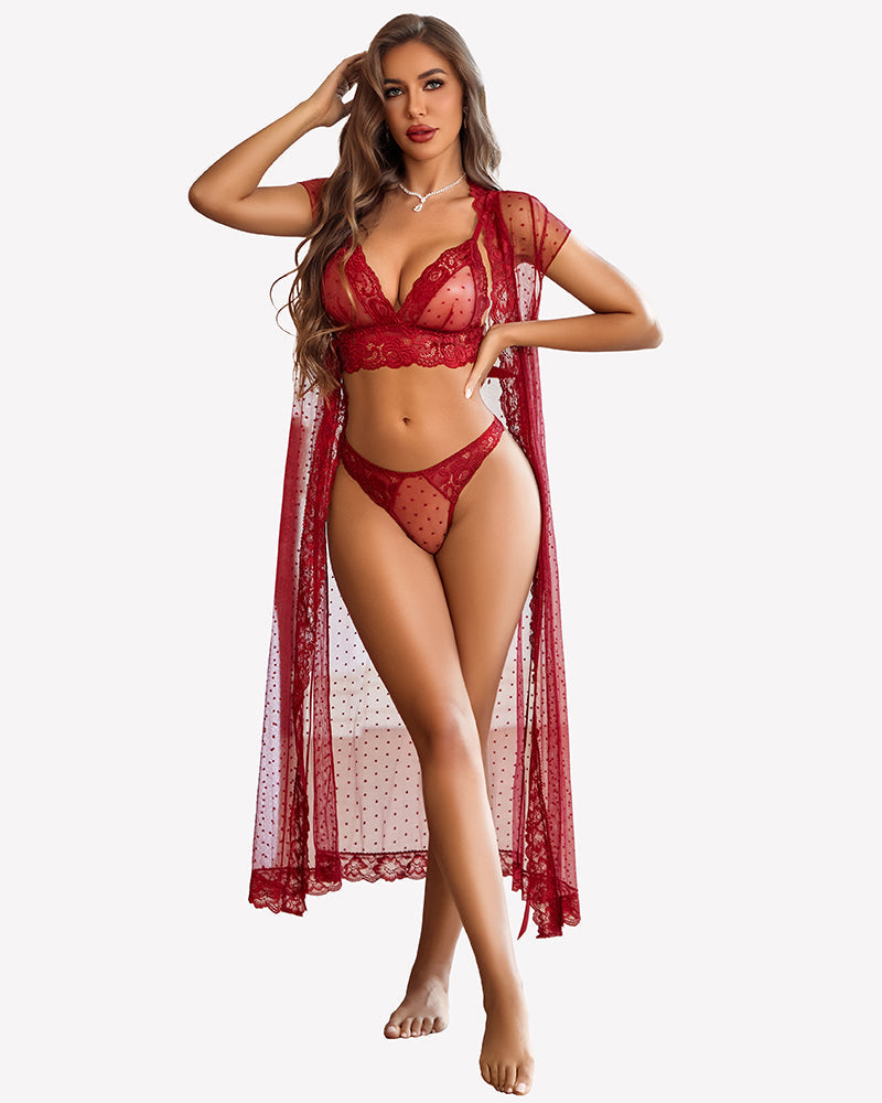 3 Piece Set Sheer Polka Dot Lace Robe with Bra and Panty