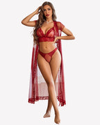 3 Piece Set Sheer Polka Dot Lace Robe with Bra and Panty