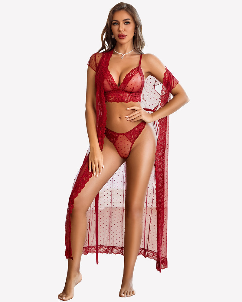 3 Piece Set Sheer Polka Dot Lace Robe with Bra and Panty
