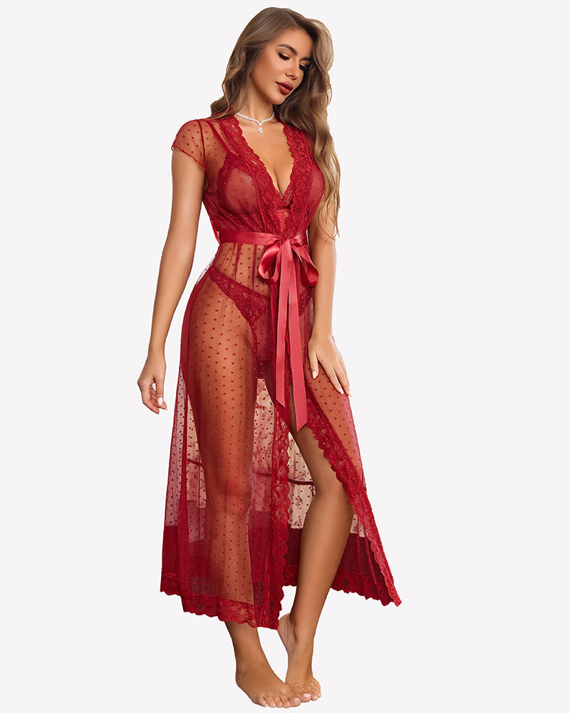 3 Piece Set Sheer Polka Dot Lace Robe with Bra and Panty
