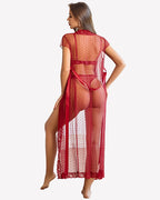 3 Piece Set Sheer Polka Dot Lace Robe with Bra and Panty