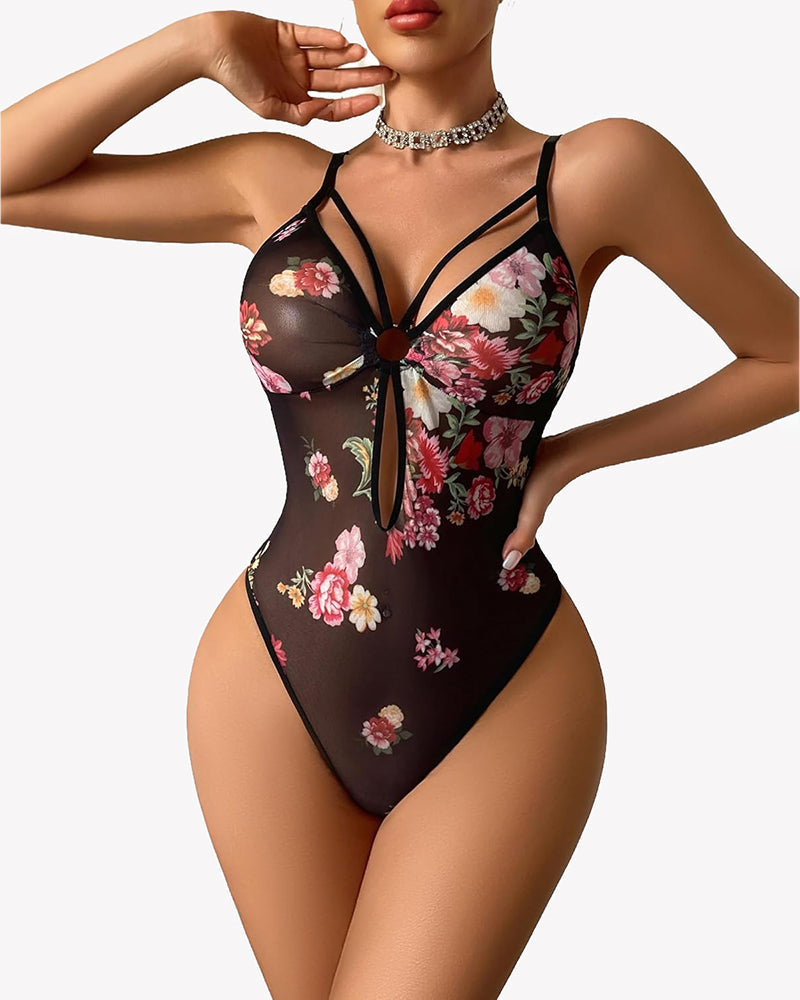 Mesh Sheer Snap Crotch Strappy Bodysuit