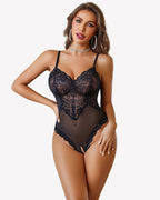 Women's V-Neck Lace Crotchless Bodysuit Lingerie