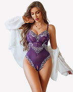 Women's V-Neck Lace Crotchless Bodysuit Lingerie
