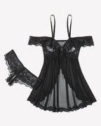 Mesh Lace Wireless Babydoll Dress with Thong