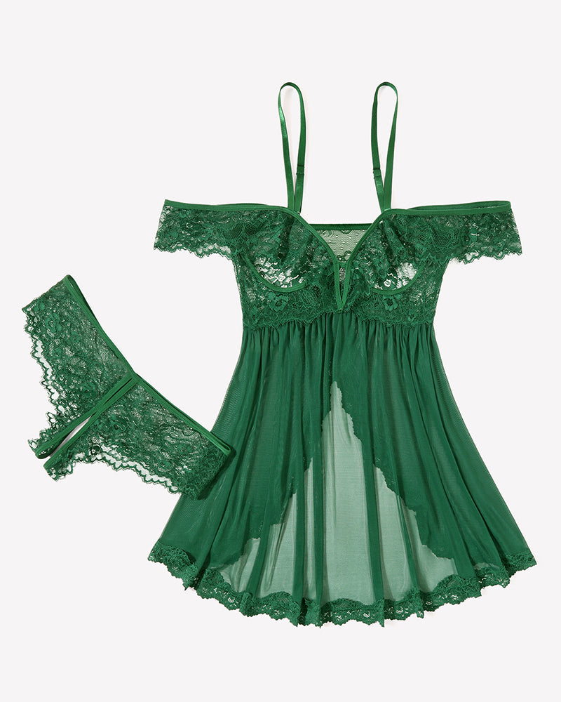 Mesh Lace Wireless Babydoll Dress with Thong