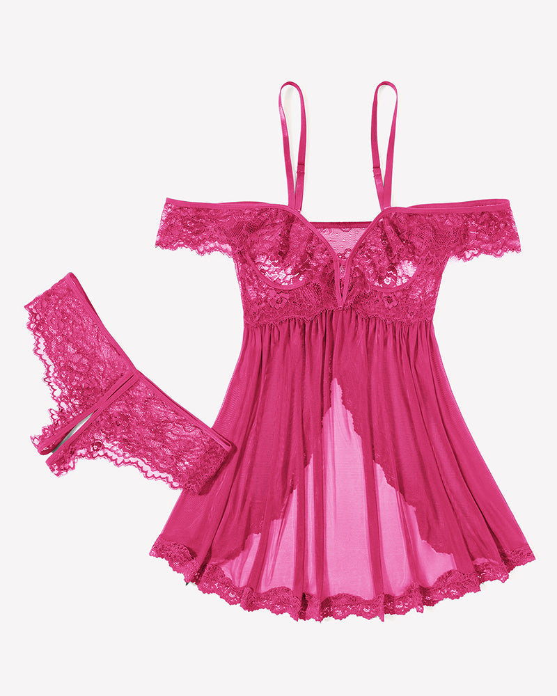 Mesh Lace Wireless Babydoll Dress with Thong